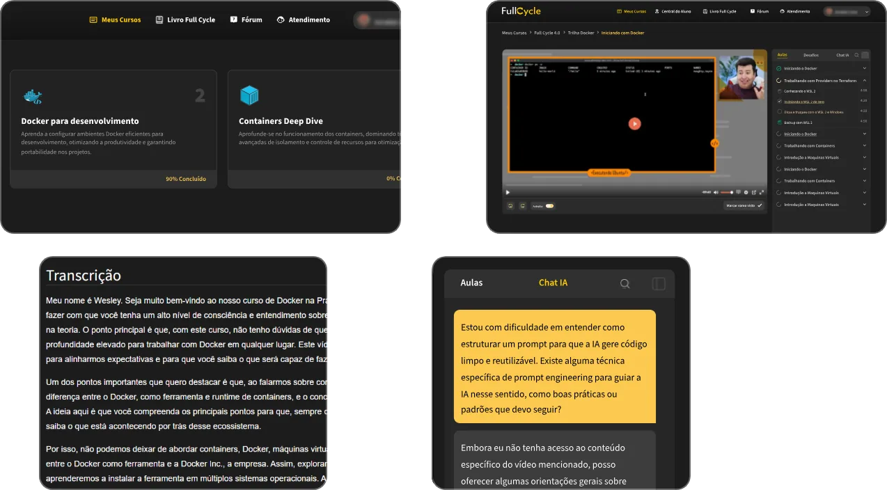 Telas da plataforma Full Cycle: lista de cursos, player de aula, transcrição e chat com a IA